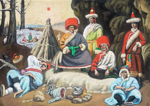 秦琦，《小红帽与大灰狼》，纸本油画，55×79cm，2021-2023年
