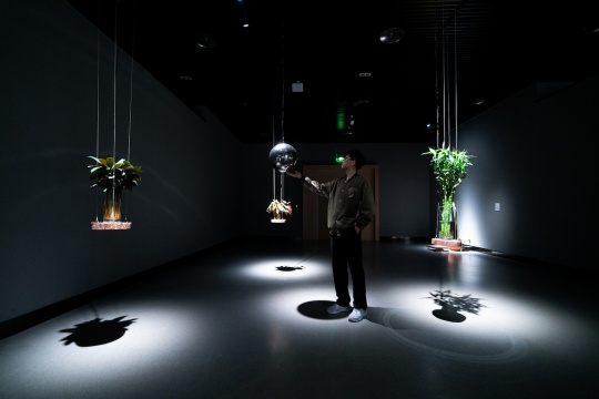 《三体植物》,新媒体装置(植物,不锈钢球,生物数据传感器,电容传感器,电脑,扬声器,放大器,屏蔽线),尺寸可变,2024,觉然
《三体植物》,新媒体装置(植物,不锈钢球,生物数据传感器,电容传感器,电脑,扬声器,放大器,屏蔽线),尺寸可变,2024,觉然