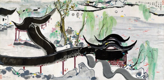 2027
吴冠中(1919-2010)
江南园林鱼之乐
1987年作 纸本设色 73×134 cm
签 名:荼。吴冠中 1987
款 识:江南园林鱼之乐,愿苗玉路同志如鱼入水,晚年乐、乐无涯!
钤 印:冠中写生、八十年代
出 版:
《艺冠中外—吴冠中艺术展》,百雅轩文化艺术机构,2008年,P68-69
《风筝不断线—缅怀吴冠中先生经典作品收藏大展》,保利艺术博物馆,2010年,P106-107
《风筝不断线—缅怀吴冠中先生经典作品收藏大展(二)》,保利艺术博物馆,2011年,P52-53
展 览:
艺冠中外—吴冠中艺术展,山东省博物馆,济南,2008年
风筝不断线—缅怀吴冠中先生经典作品收藏大展,保利艺术博物馆,北京,2010年
纪念吴冠中先生逝世一周年精品展,保利艺术博物馆,北京,2011年
说 明:
1. 上款人苗玉路,河北乐亭人,离休军队干部,酷爱书画几近迷痴,苗老在京城收藏界颇有名声,与李可染、黄胄、吴冠中等艺术家交往密切。
2. 此件作品即将出版于紫鑫永乐文化与吴冠中艺术馆合编的《吴冠中作品集》(一),2025年
CNY 3,600,000 - 4,600,000
2027
吴冠中(1919-2010)
江南园林鱼之乐
1987年作 纸本设色 73×134 cm
签 名:荼。吴冠中 1987
款 识:江南园林鱼之乐,愿苗玉路同志如鱼入水,晚年乐、乐无涯!
钤 印:冠中写生、八十年代
出 版:
《艺冠中外—吴冠中艺术展》,百雅轩文化艺术机构,2008年,P68-69
《风筝不断线—缅怀吴冠中先生经典作品收藏大展》,保利艺术博物馆,2010年,P106-107
《风筝不断线—缅怀吴冠中先生经典作品收藏大展(二)》,保利艺术博物馆,2011年,P52-53
展 览:
艺冠中外—吴冠中艺术展,山东省博物馆,济南,2008年
风筝不断线—缅怀吴冠中先生经典作品收藏大展,保利艺术博物馆,北京,2010年
纪念吴冠中先生逝世一周年精品展,保利艺术博物馆,北京,2011年
说 明:
1. 上款人苗玉路,河北乐亭人,离休军队干部,酷爱书画几近迷痴,苗老在京城收藏界颇有名声,与李可染、黄胄、吴冠中等艺术家交往密切。
2. 此件作品即将出版于紫鑫永乐文化与吴冠中艺术馆合编的《吴冠中作品集》(一),2025年
CNY 3,600,000 - 4,600,000