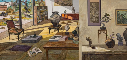 王源远，斜阳下的内室，120×250cm，布面油画，2025 _ Wang Yuanyuan，120×250cm，Oil on Canvas，2025
