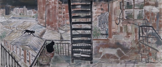 《十月及屋顶上的猫二联画》，155 ×370 cm（155 ×185cm×2），布面油画，2022
