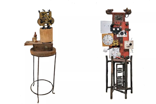 左《时间内部》，&nbsp;右&nbsp;《洗时间》

孔德林

现成品装置（闹钟零件+父制小凳子等）

尺寸可变动

2018
