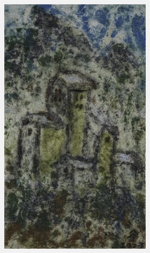 胡吉宏 《屯堡石头寨175》&nbsp; 65x110cm&nbsp;土纸+丙烯+蓝靛泥
